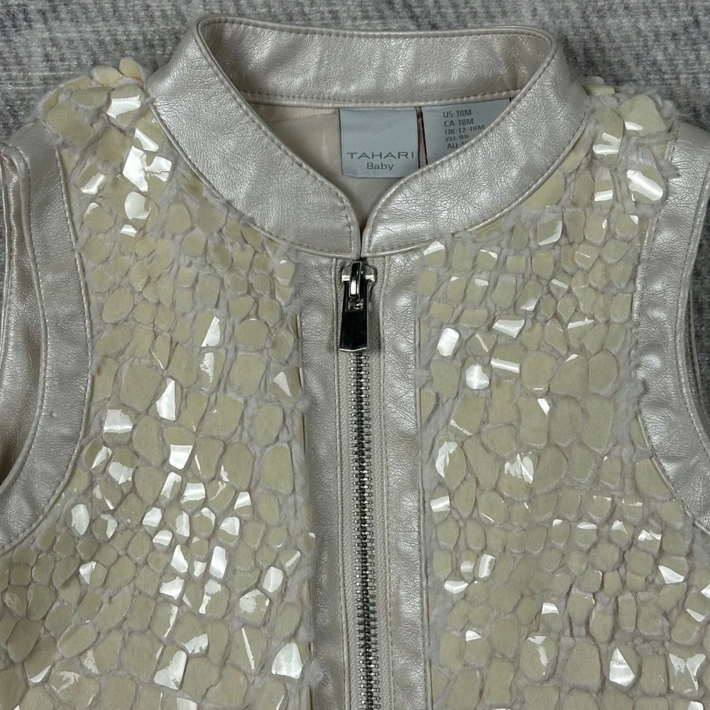 Tahari Baby Girls Shimmer Faux Fur Leather Vest Cream Crocodile  Size‎ 18M